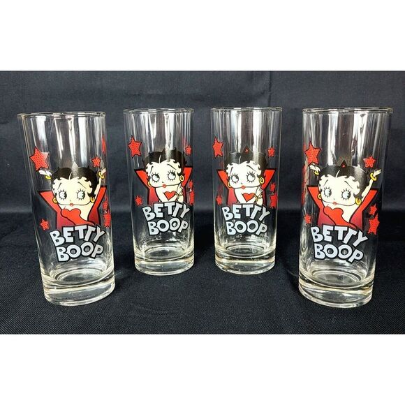 VTG Betty Boop KFS/FS Heavy Bottom Hearst Hi-Ball Glass Set of Four Red Stars - Picture 5 of 7
